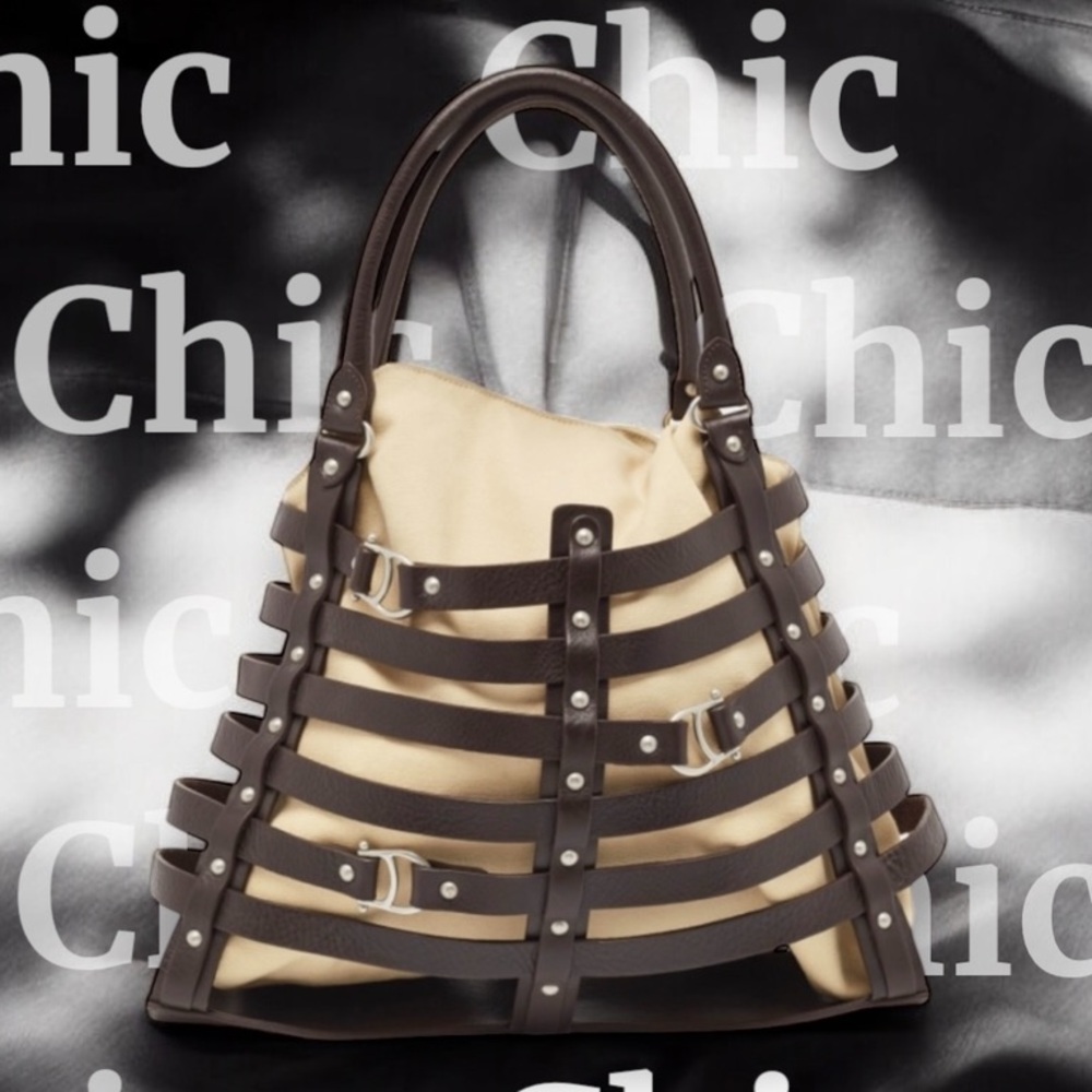 ETIENNE AIGNER DAMASCUS BELTED LEATHER TOTE WITH TWO FABRIC INSERTS CIRCA 2008